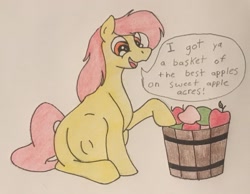 Size: 1964x1527 | Tagged: safe, artist:warrior_stew, character:apple bloom, apple, belly, big belly, female, food, kicking, mommabloom, pregnant, solo, traditional art