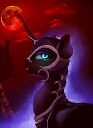 Size: 2200x3000 | Tagged: safe, artist:skitsroom, character:nightmare moon, character:princess luna, species:pony, blood moon, canterlot, female, helmet, mare, moon, solo