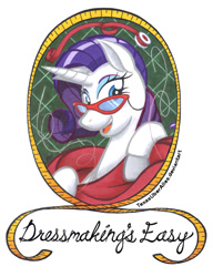 Size: 720x937 | Tagged: safe, artist:texasuberalles, character:rarity, colored hooves, colored pencil drawing, dressmaking, female, glasses, looking at you, magic, marker drawing, measuring tape, needle, rarity's glasses, ribbon, simple background, smiling, solo, telekinesis, thread, traditional art, white background