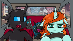 Size: 2732x1536 | Tagged: safe, artist:mobubbles, artist:spheedc, character:queen chrysalis, oc, oc:corvus, oc:crann taca, oc:kyle, species:changeling, species:pony, species:unicorn, car, changeling queen, cute, cutealis, cuteling, driving, exhausted, female, filly, filly queen chrysalis, floppy ears, foal, nymph, ocbetes, village, yelling, younger