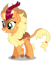 Size: 5000x6161 | Tagged: safe, artist:dragonchaser123, character:applejack, species:kirin, species:pony, episode:sounds of silence, g4, my little pony: friendship is magic, absurd resolution, applekirin, clothing, cloven hooves, cowboy hat, cute, cutie mark, female, freckles, grin, hair tie, hat, jackabetes, kirin-ified, leonine tail, mare, raised hoof, simple background, smiling, solo, species swap, standing, stetson, transparent background