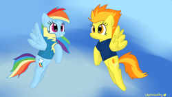 Size: 1920x1080 | Tagged: safe, artist:verminshy, character:rainbow dash, character:spitfire, episode:wonderbolts academy, flying, happy, sky, smiling, wonderbolt trainee uniform