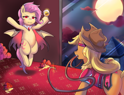 Size: 800x615 | Tagged: safe, artist:tzc, character:applejack, character:flutterbat, character:fluttershy, species:bat pony, apple, castlevania, clothing, cowboy hat, crossover, dracula, female, food, full moon, hat, konami, lasso, moon, mouth hold, night, race swap, reference, rope, stetson, vampire, video game reference