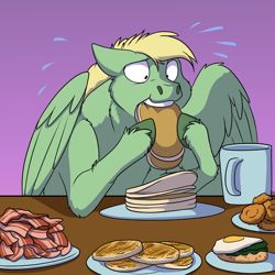 Size: 1000x1000 | Tagged: safe, artist:foxenawolf, oc, oc only, oc:mark wells, species:pegasus, species:pony, fanfic:off the mark, bacon, breakfast, eating, egg (food), fanfic art, fluffy, food, fried egg, hay bacon strips, male, pancakes, solo, stallion, unshorn fetlocks