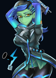 Size: 600x840 | Tagged: safe, artist:tzc, oc, oc:lighting voices, species:human, anime, clothing, commission, cosplay, costume, crossover, female, glasses, humanized, humanized oc, overwatch, pants, solo, sombra (overwatch)