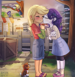Size: 1557x1600 | Tagged: safe, artist:tcn1205, character:applejack, character:opalescence, character:rarity, character:winona, species:dog, species:human, ship:rarijack, my little pony:equestria girls, cat, cute, dawwww, female, hnnng, humanized, jackabetes, kiss on the cheek, kissing, lesbian, opalbetes, pony coloring, puppy love, raribetes, sandals, shipping, signature, weapons-grade cute, winonabetes, younger
