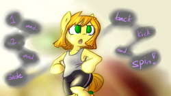 Size: 2732x1536 | Tagged: safe, artist:spheedc, oc, oc:sweet corn, species:anthro, species:earth pony, species:pony, bipedal, blurred background, clothing, dancing, dialogue, digital art, exercise, female, mare, semi-anthro, solo, speech bubble