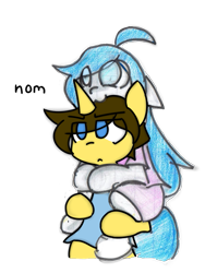 Size: 951x1265 | Tagged: safe, alternate version, artist:spheedc, oc, oc only, oc:dream chaser, oc:light chaser, species:earth pony, species:pony, species:unicorn, bipedal, brother and sister, clothing, digital art, female, male, mare, nom, piggyback ride, semi-anthro, simple background, stallion, traditional art, transparent background
