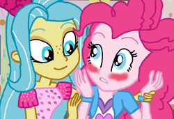Size: 1800x1231 | Tagged: safe, artist:bigpurplemuppet99, artist:fernandash, character:pinkie pie, character:princess skystar, ship:skypie, my little pony: the movie (2017), my little pony:equestria girls, blushing, equestria girls-ified, female, lesbian, shipping