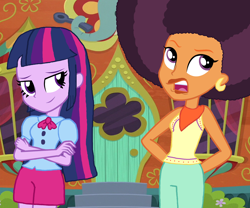 Size: 2636x2193 | Tagged: safe, artist:bigpurplemuppet99, artist:ravenwolf-bases, character:saffron masala, character:twilight sparkle, my little pony:equestria girls, afro, equestria girls-ified, female, lesbian, shipping, the tasty treat, twiffron
