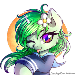 Size: 2000x2000 | Tagged: safe, artist:chaosangeldesu, oc, oc only, oc:cassi marinera, species:pony, species:unicorn, clothing, commission, flower, flower in hair, sailor uniform, simple background, smiling, solo, tongue out, transparent background