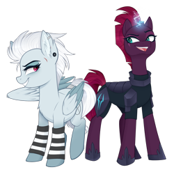 Size: 1216x1200 | Tagged: safe, artist:higgly-chan, character:tempest shadow, oc, oc:silver shine, species:pegasus, species:pony, species:unicorn, armor, broken horn, clothing, colored wings, duo, electricity, eye scar, female, lidded eyes, mare, multicolored wings, open mouth, purple eyes, scar, simple background, socks, sparking horn, striped socks, transparent background