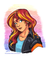 Size: 720x885 | Tagged: safe, artist:texasuberalles, character:sunset shimmer, species:human, my little pony:equestria girls, bust, clothing, female, humanized, jacket, marker drawing, portrait, solo, traditional art
