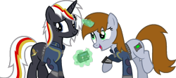 Size: 1385x616 | Tagged: safe, artist:pegasski, oc, oc only, oc:littlepip, oc:velvet remedy, species:pony, species:unicorn, fallout equestria, clothing, cutie mark, fanfic, fanfic art, female, glowing horn, hooves, horn, levitation, magic, mare, open mouth, pipbuck, simple background, smiling, telekinesis, transparent background, vault suit