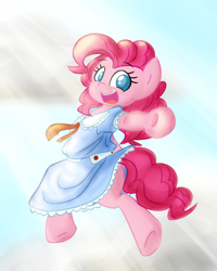 Size: 1200x1500 | Tagged: safe, artist:spheedc, character:pinkie pie, species:earth pony, species:pony, bipedal, clothing, cloud, digital art, dress, female, looking at you, mare, reaching out, semi-anthro, smiling, solo