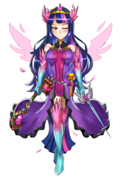 Size: 800x1167 | Tagged: safe, artist:tzc, character:twilight sparkle, character:twilight sparkle (alicorn), species:human, book, brighid, clothing, commission, crossover, female, humanized, kagutsuchi, one eye closed, scepter, solo, staff, sword, twilight scepter, video game crossover, weapon, xenoblade chronicles, xenoblade chronicles 2