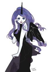 Size: 1139x1664 | Tagged: safe, artist:dusty-munji, character:rarity, my little pony:equestria girls, alternate universe, black dress, clothing, dress, female, looking at you, open mouth, simple background, solo, white background, witch