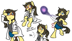 Size: 2732x1536 | Tagged: safe, artist:spheedc, oc, oc:sphee, species:earth pony, species:pony, armpits, bipedal, clothing, dialogue, digital art, energy blast, female, glasses, lab coat, mare, ponytail, pouting, semi-anthro, shoulder, simple background, solo, speech bubble, white background