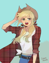 Size: 828x1066 | Tagged: safe, artist:dusty-munji, character:applejack, species:human, alternate hairstyle, clothing, cowboy hat, cute, female, hat, humanized, jackabetes, knot, open mouth, pigtails, plaid shirt, smiling, solo, stetson