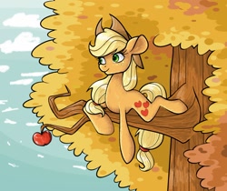 Size: 1882x1583 | Tagged: safe, artist:smirk, character:applejack, species:earth pony, species:pony, apple, autumn, clothing, cowboy hat, female, food, hat, legitimately amazing mspaint, mare, ms paint, solo, tree, tree branch