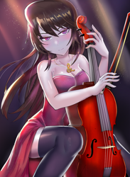 Size: 800x1091 | Tagged: safe, artist:tzc, character:octavia melody, g4, my little pony:equestria girls, anime, beautiful, bedroom eyes, bow (instrument), breasts, cello, classy, cleavage, clothing, crepuscular rays, cutie mark accessory, cutie mark necklace, dress, featured on derpibooru, female, jewelry, looking at you, musical instrument, necklace, pretty, sexy, sitting, socks, solo, thigh highs