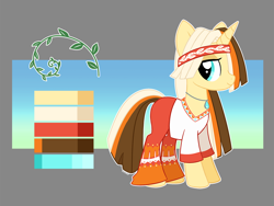 Size: 1138x856 | Tagged: safe, artist:krowzivitch, oc, oc only, oc:golden age, clothing, color palette, headband, hippie, jewelry, necklace, reference sheet, solo, vine