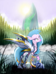 Size: 1771x2319 | Tagged: safe, artist:zidanemina, character:silverstream, species:classical hippogriff, species:hippogriff, armor, female, lake, looking back, mount aris, saint seiya, solo, tree