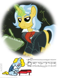 Size: 803x1067 | Tagged: safe, artist:joseph karl stieler, artist:kturtle, species:earth pony, species:pony, species:unicorn, clothing, frown, glare, levitation, looking down, ludwig van beethoven, magic, male, music, music notes, ode to joy, peanuts, piano, ponified, schroeder, serious, serious face, simple background, sitting, stallion, telekinesis, white background