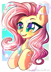 Size: 1414x2000 | Tagged: safe, alternate version, artist:chaosangeldesu, character:fluttershy, species:pony, bubble, bust, chest fluff, cute, female, happy, mare, open mouth, portrait, shyabetes, smiling, solo