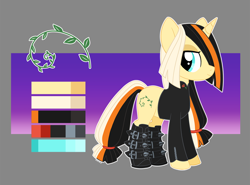Size: 1138x843 | Tagged: safe, artist:krowzivitch, oc, oc only, oc:golden age, species:pony, species:unicorn, boots, goth, hair tie, reference sheet, shoes, spikes, vine