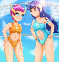 Size: 1616x1700 | Tagged: safe, artist:focusb, character:princess ember, character:smolder, species:human, belly button, clothing, crepuscular rays, duo, duo female, female, gritted teeth, horned humanization, humanized, navel cutout, one-piece swimsuit, stare down, swimsuit, volleyball net
