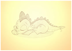 Size: 1042x737 | Tagged: safe, artist:sherwoodwhisper, character:spike, species:dragon, baby, baby dragon, cute, eyes closed, fangs, gradient background, male, monochrome, pencil drawing, signature, sleeping, smiling, solo, spikabetes, traditional art