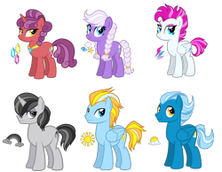 Size: 3888x3024 | Tagged: safe, artist:thecheeseburger, oc, oc:cloudy skies, oc:greyscale, oc:sunny skies, species:earth pony, species:pegasus, species:pony, species:unicorn, cute, female, group, male, mare, pink hair, seashells, simple background, smiling, stallion, transparent background