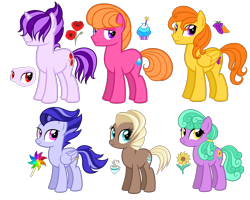 Size: 3600x2880 | Tagged: safe, artist:thecheeseburger, oc, oc:pinwheel, species:earth pony, species:pegasus, species:pony, coffee, cupcake, cute, cutie mark, female, flower, food, grapes, group, male, mare, orange, orange hair, pinwheel (toy), poppy, simple background, smiling, stallion, sunflower, transparent background
