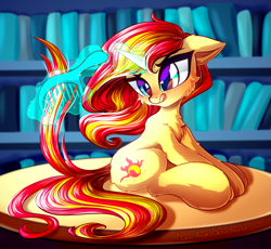 Size: 2000x1840 | Tagged: safe, artist:chaosangeldesu, character:sunset shimmer, species:pony, species:unicorn, blushing, bookshelf, brushie, brushing, comb, female, library, magic, solo, table, tongue out