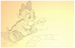Size: 1042x673 | Tagged: safe, artist:sherwoodwhisper, character:spike, species:dragon, campfire, fire, fire breath, food, gradient background, male, marshmallow, monochrome, mundane utility, pencil drawing, solo, traditional art