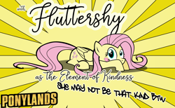 Size: 3000x1847 | Tagged: safe, artist:mrkat7214, character:fluttershy, species:pegasus, species:pony, blush sticker, blushing, borderlands, cel shading, female, folded wings, mare, name, poster, prone, solo, sunburst background, wings