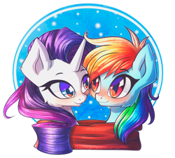 Size: 2440x2200 | Tagged: safe, artist:chaosangeldesu, character:rainbow dash, character:rarity, species:pony, ship:raridash, blushing, bust, clothing, female, lesbian, looking at each other, scarf, shared clothing, shared scarf, sharing, shipping