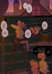 Size: 2500x3520 | Tagged: safe, artist:lumo, character:pinkie pie, species:anthro, comic:lumo's pony academy, bookshelf, clothing, comic, dialogue, explicit series, ladder, library, pony academy (chapter 6), uniform