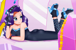 Size: 1968x1304 | Tagged: safe, artist:focusb, character:rarity, species:human, episode:the other side, g4, my little pony: equestria girls, my little pony:equestria girls, ass, bare shoulders, breasts, cleavage, clothing, fabulous, female, gloves, headphones, high heels, human coloration, humanized, rearity, scene interpretation, sexy, shoes, sleeveless, solo, strapless, stupid sexy rarity
