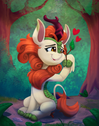 Size: 1569x2000 | Tagged: safe, artist:discorded, character:autumn blaze, species:kirin, episode:sounds of silence, g4, my little pony: friendship is magic, armpits, autumn blaze's puppet, awwtumn blaze, cloven hooves, cute, female, heart, smiling, solo, stick, tree
