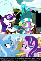 Size: 2000x2992 | Tagged: safe, artist:art-2u, edit, edited screencap, screencap, character:rarity, character:spike, character:starlight glimmer, character:trixie, ship:sparity, ship:sparlight, episode:best gift ever, g4, my little pony: friendship is magic, clothing, dialogue, female, hundreds of users filter this tag, it was at this moment that she knew she fucked up, kissing, love triangle, male, mistletoe, scarf, shipping, snow, straight, text, the fresh prince of bel-air