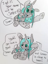 Size: 1497x1993 | Tagged: safe, artist:smirk, character:queen chrysalis, oc, parent:queen chrysalis, species:changeling, baby, changeling queen, crown, cute, cutealis, cuteling, dialogue, duo, female, jewelry, mommy chrissy, mother and child, nymph, regalia, simple background, traditional art, white background