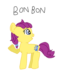 Size: 776x1012 | Tagged: safe, artist:nightshadowmlp, character:bon bon (g1), species:earth pony, species:pony, g1, my little pony 'n friends, 1000 hours in ms paint, female, g1 to g4, g4 style, generation leap, raised hoof, simple background, solo, text, white background
