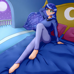 Size: 2000x2000 | Tagged: safe, artist:focusb, character:princess luna, species:human, barefoot, breasts, busty princess luna, clothing, cute, feet, female, humanized, lunabetes, moon, night, solo