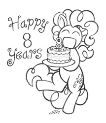 Size: 1280x1489 | Tagged: safe, artist:texasuberalles, character:pinkie pie, species:earth pony, species:pony, birthday cake, cake, eyes closed, female, food, grayscale, happy, happy birthday mlp:fim, hoof hold, mare, mlp fim's eighth anniversary, monochrome, pencil drawing, simple background, smiling, solo, traditional art, white background
