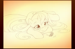 Size: 1160x752 | Tagged: safe, artist:sherwoodwhisper, oc, oc only, oc:eri, species:pony, species:unicorn, cute, female, gradient background, grayscale, lineart, monochrome, mouse, pencil drawing, smiling, solo, traditional art