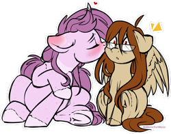 Size: 1280x1006 | Tagged: safe, artist:mulberrytarthorse, oc, oc only, oc:mulberry tart, oc:red, species:earth pony, species:pegasus, species:pony, blushing, eyes closed, female, freckles, glasses, kissing, lesbian, mare, simple background, transparent background