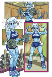 Size: 863x1277 | Tagged: safe, artist:art-2u, character:trixie, my little pony:equestria girls, abs, armpits, biceps, breasts, busty trixie, clothing, female, fit, flexing, grand and muscular trixie, gym, muscles, pose, shorts, solo, sports bra, sports shorts, sweat, weight lifting, weights, workout, workout outfit