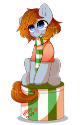 Size: 2000x3000 | Tagged: safe, artist:etoz, oc, oc only, oc:olya, species:earth pony, species:pony, blue eyes, blushing, brown mane, clothing, female, gift art, happy, happy birthday, looking up, mare, scarf, seat, simple background, tongue out, transparent background